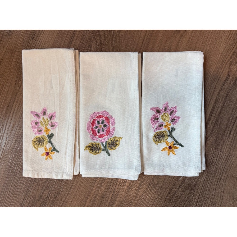 Set of 3 Floral Embroidered Cotton Napkins Cream Pink Gold 17x19 Made in India